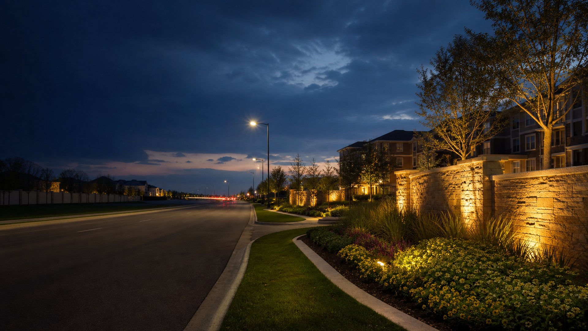 Blue-hour Missouri City, Texas boulevard with landscaped neighborhoods and warm lighting