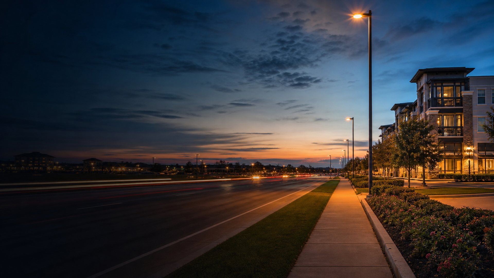 Evening view of a Pearland, Texas commuter road with modern suburban buildings