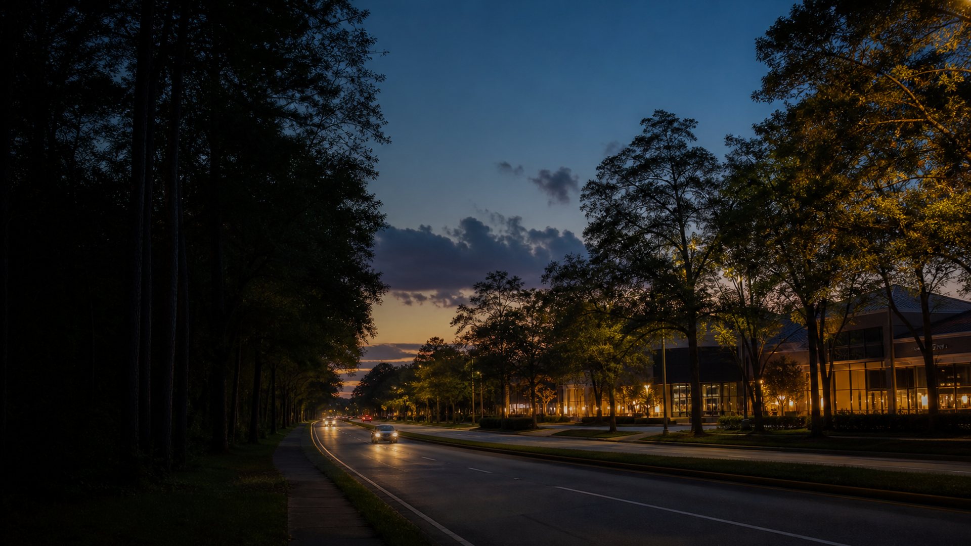 Dusk view of a Spring, Texas tree-lined roadway with warm neighborhood lighting