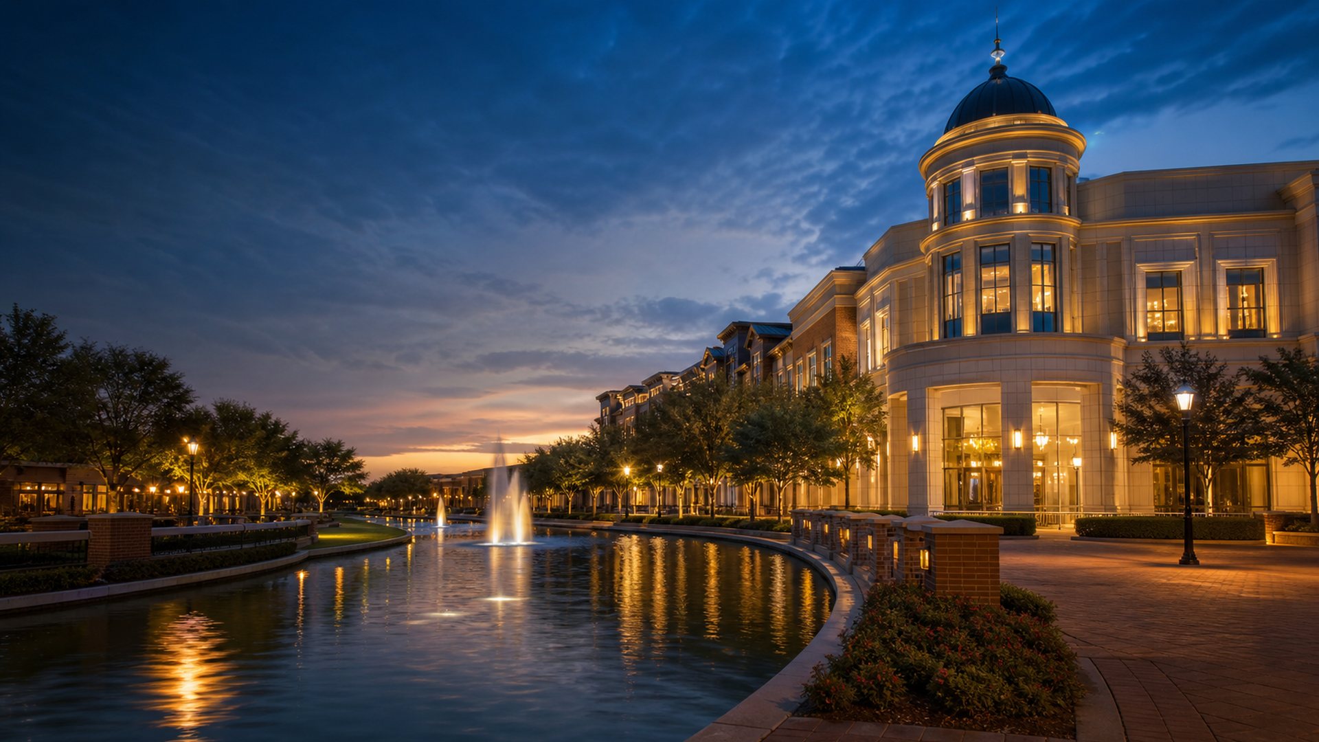 Blue-hour Sugar Land, Texas town-center style waterfront and commercial district